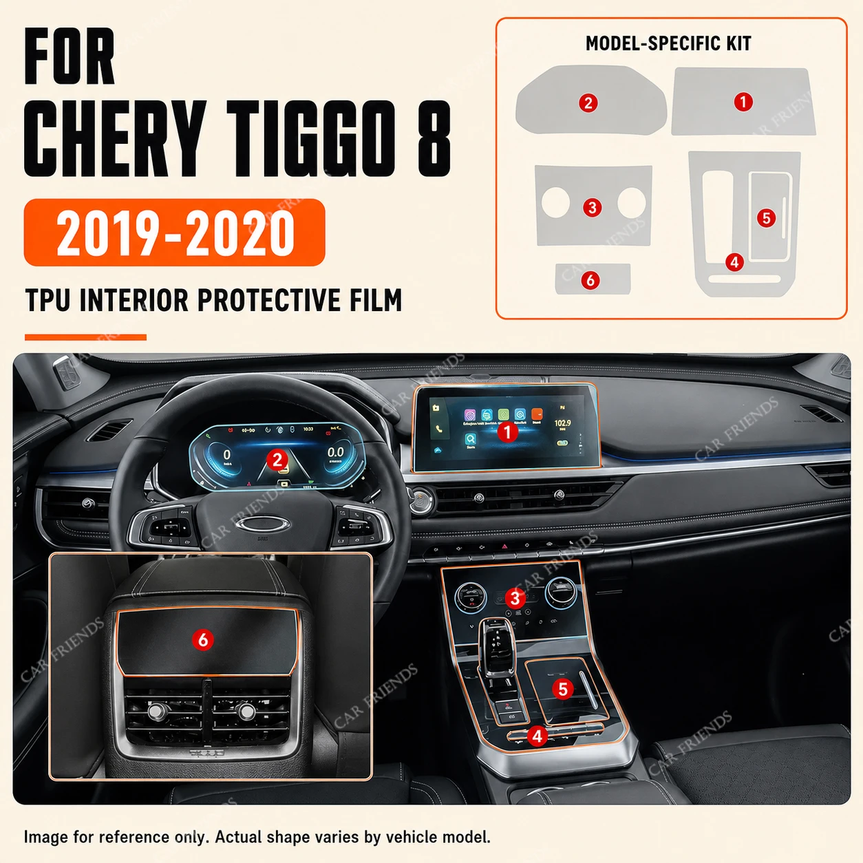 For Chery Tiggo 8 2019 2020 Car Transparent TPU Interior Protective Film for Gear Shift Panel, Dashboard, Navigation Screen