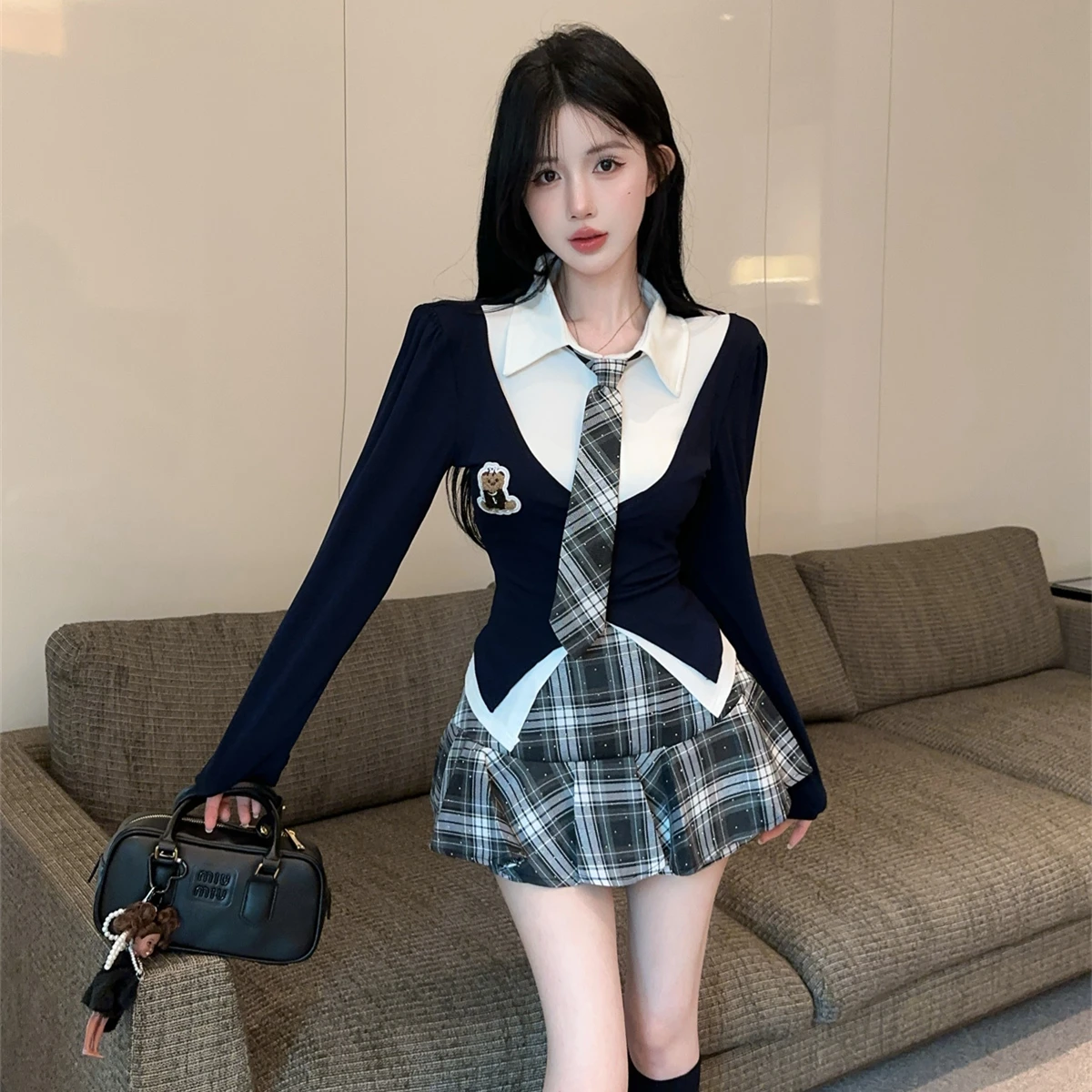 Spicy School orm JK Outfit Gonna a vita alta con cravatta lunga Sve irt Autumn Faion Set per giovani donne
