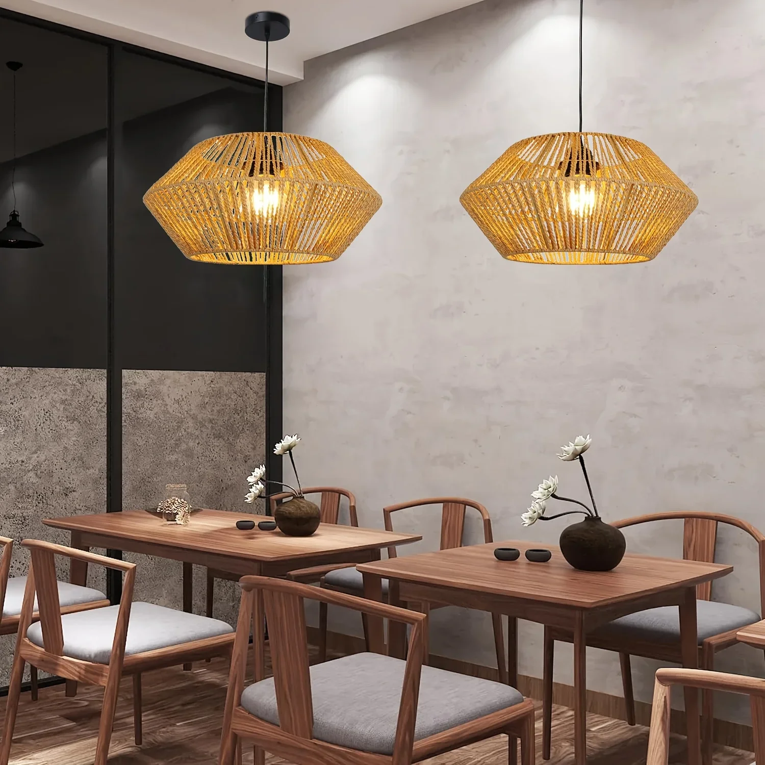 Bohemian Bamboo Wicker Ceiling Light Adjustable E27 Rattan Hanging Pendant Suitable for Kitchen Living Room Dining&Bedroom Decor