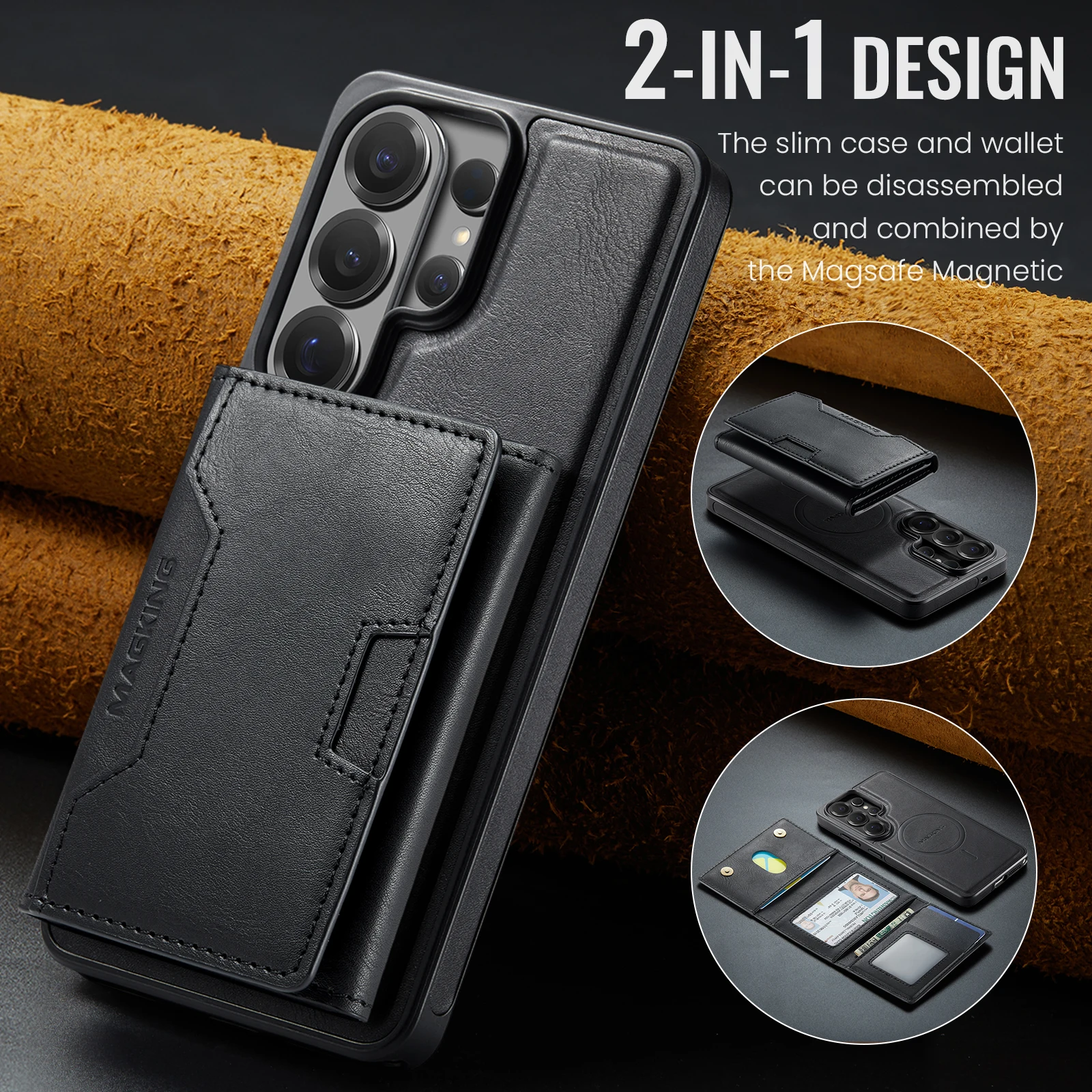 

2 in 1 Wireless Charging Cards Purse Case For Samsung Galaxy S26 Ultra S25 Edge FE S24 Plus S23 Ultra Magnet Wallet Case Stand