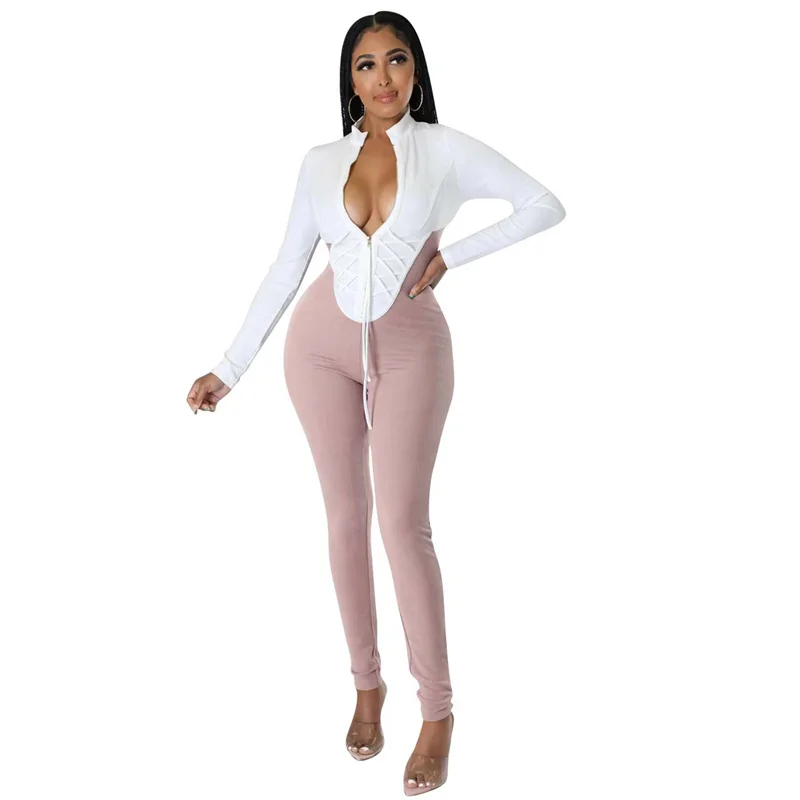 Night Party Club Color Block Patchwork Bodycon Bandage Birthday Jumpsuits Women Zip Long Sleeve Rompers Womens Jumpsuit Elegance