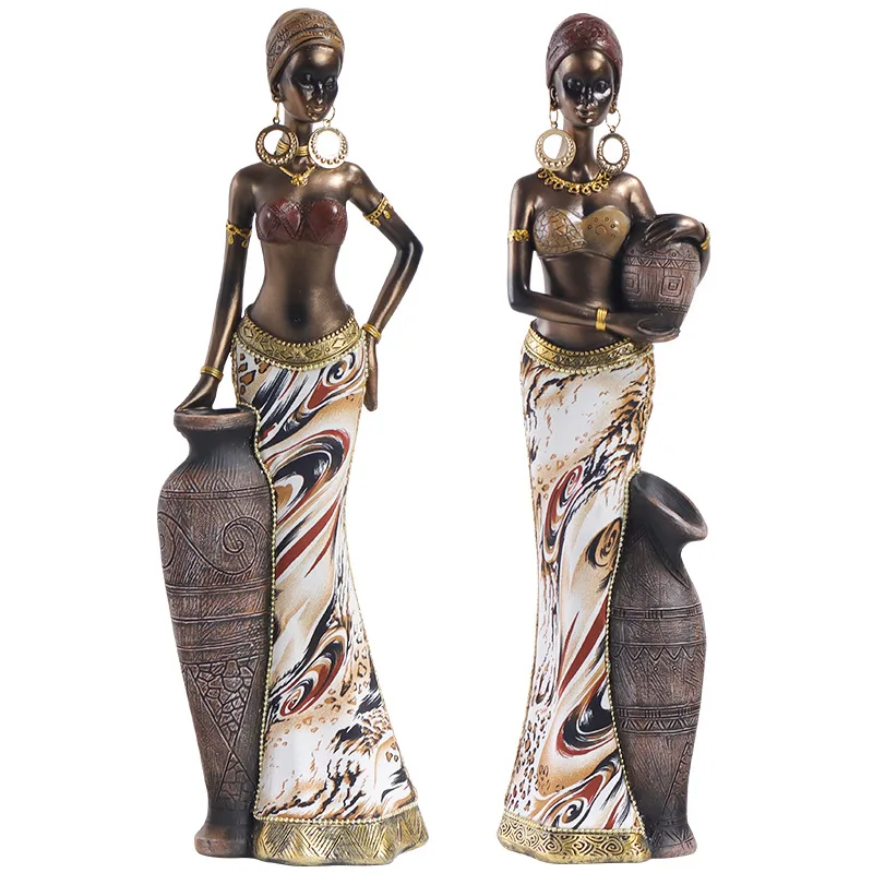 Moderne Vintage Afrikanischen Stil Harz Handwerk Ornamente Schwarze Frauen Kunst Skulptur Für Weins Chrank Flur Modell Raum Deko