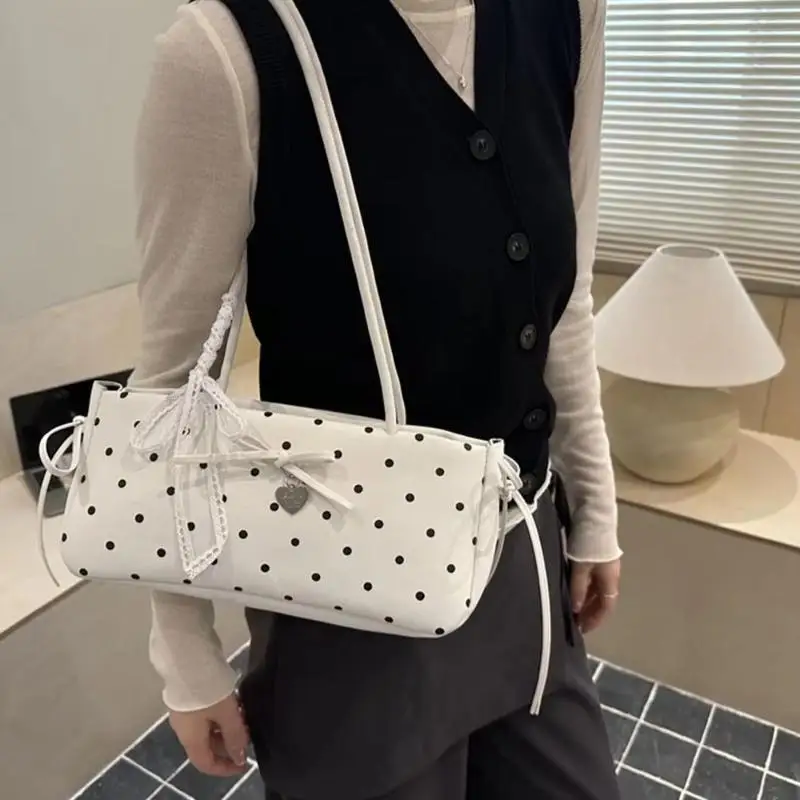 Retro Polka Dot Shoulder Bag Korean Fashion Commuter Underarm Bag Women Sweet Bow Tote Bag