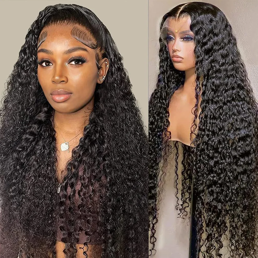 Deep Wave Lace Front Wigs Human Hair 36 Inch 200 Density Glueless HD Transparent Lace brazilian Wigs For Women Natural Black