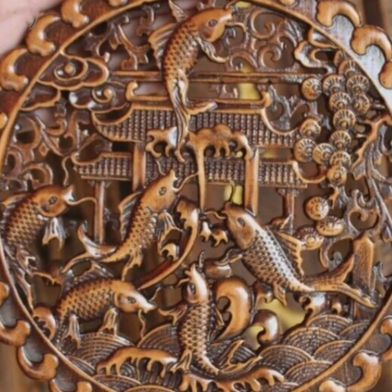 Wood Carved Carp Leaping Over Dragon Plaque - Feng Shui Wall Hanging Decor, Lucky Chinese Home Ornament