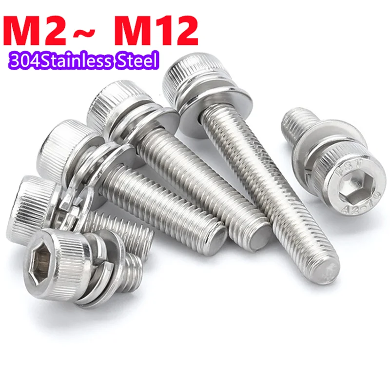 304 Stainless Steel Hexagon Socket Triple Combination Screws Cylindrical Head Bolts M2 M2.5 M3 M4 M5 M6 M8 M10 M12