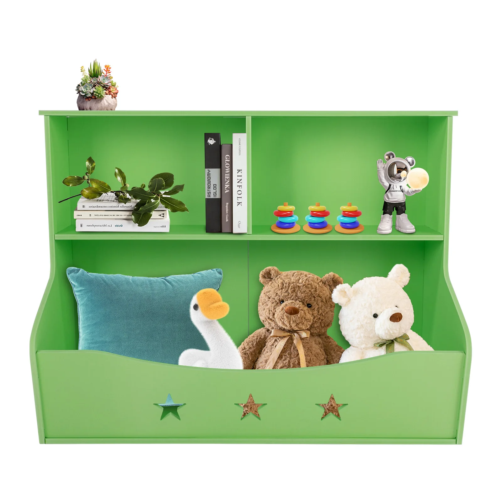 Libreria per bambini con contenitore portaoggetti, capacità di 110 libbre, altezza 24", ripiano in PVC verde chiaro per libri e giocattoli