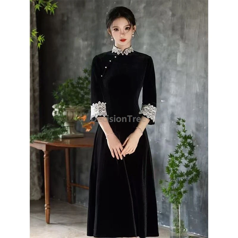 

Винтажное бархатное чхипао 2026 года в стиле старого Шанхая, повседневное, улучшенное, модное, высококачественное, облегающее женское чхипао