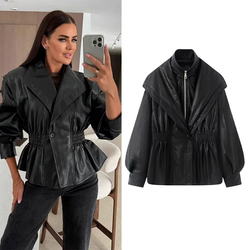 

HipSeam Women Leather Jacket with Wide Shoulder Vintage Autumn Waist Cinched Long Sleeve Lady Coats Causal Female Chic Tops