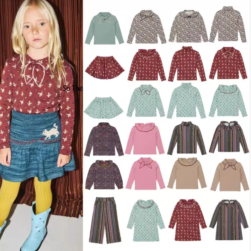 تي شيرت بناتي بأكمام طويلة 2025 شتاء جديد وصول مطبوعة عصرية عالية الرقبة طبقة قاعدة حرارية من القطن الخالص طقم بناتي لطيف