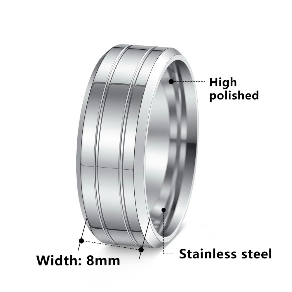 Breiter, flacher Rand, Edelstahlring, doppelter Rillen-Linearband für Herren, moderner, minimalistischer, polierter Schmuck, Ring in Goldfarbe. – Detail 1