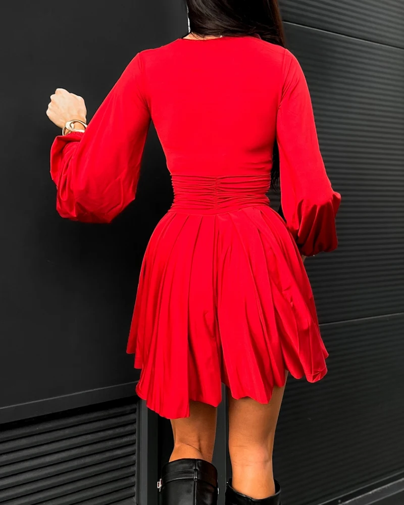 Plunge Neck Ruched A Line Flowy Dress Long Sleeve Casual Christmas Red Dress