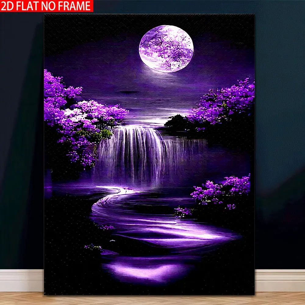 2D Flat, 1pc Modern Purple Waterfall & Night Sky Wall Art Poster - Suitable for Nature Lovers, Mysterious Waterfall & Bright
