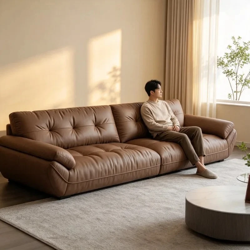 Retro Brown Top‑Grain Genuine Leather Sofa, Button Tufted Solid Wood Frame Wide Seating Depth Couch for Living Room Furniture