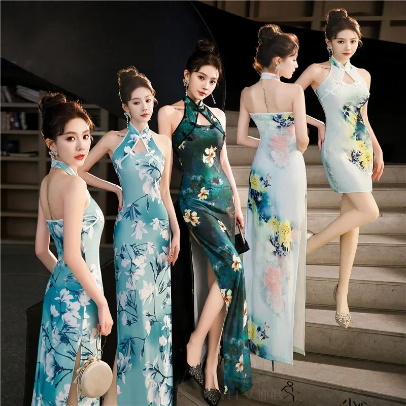 

Green Blue Chinese National Cheongsam Women Summer Sexy Backless Dress Sleeveless Floral Vintage Dress Long Qipao S to 5XL