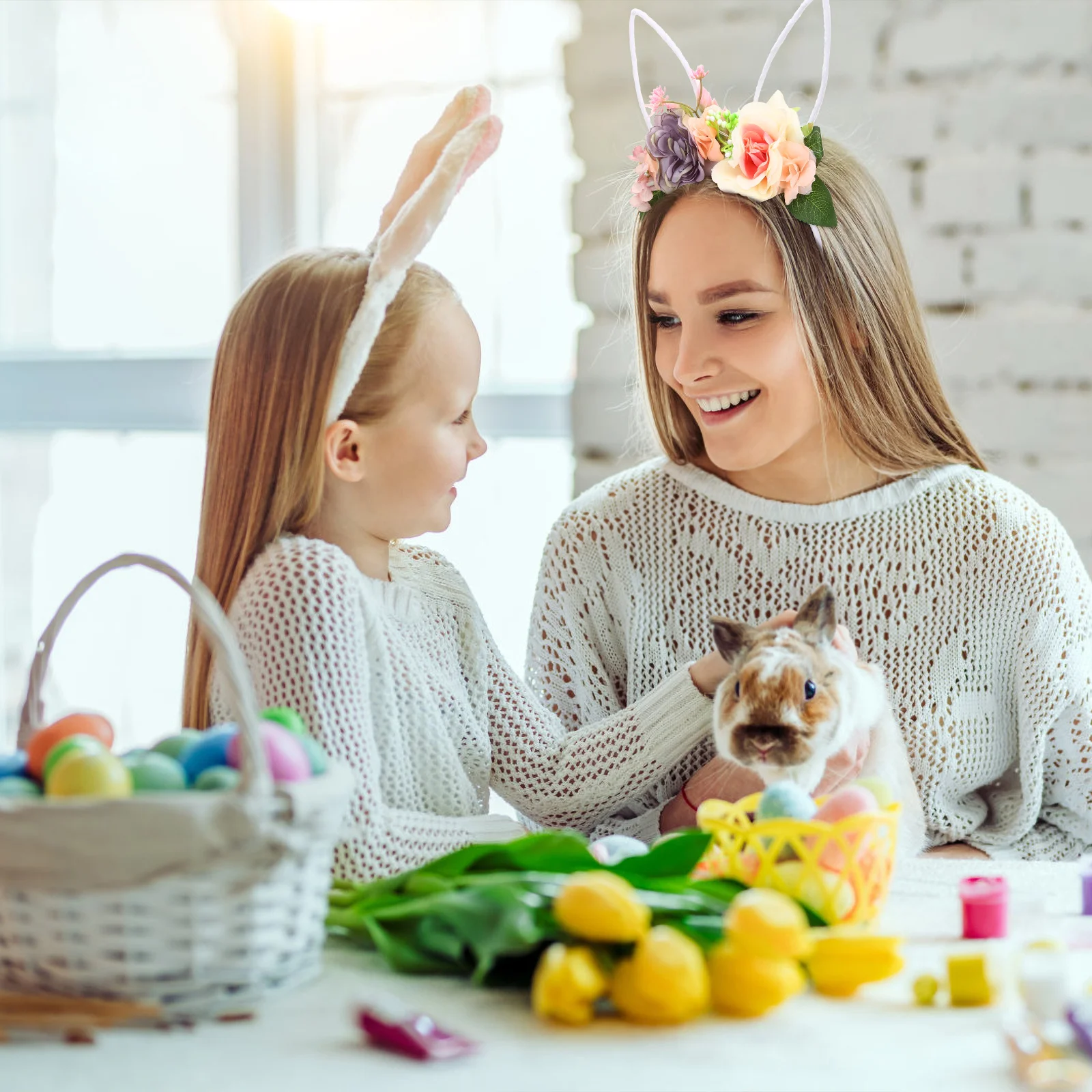 

Bunny Ears Headband Flower Design Easter Hair Accessory Party Headdress Floral Hairband for Women Rabbit Ears Headband