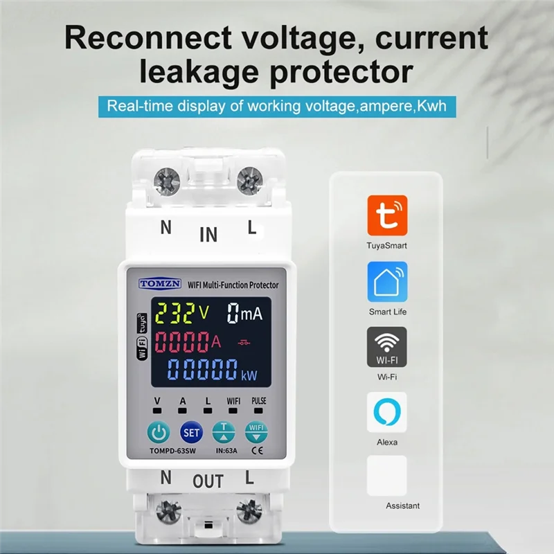A23F-TOMZN 2P 63A 110V 220V TUYA WIFI Switch Kwh Metering Circuit Breaker Timer With Voltage Current And Leakage Protection