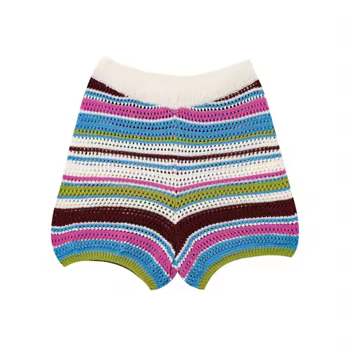Women Patchwork Striped Hollow Out Crochet Knitted Crop Sweater Shorts Set Short Sleeve Polo Collar Sweater Knit Shorts Suit Y2K - Image 9