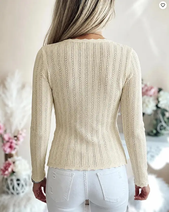 Women's Crossover V Neck Knit Top 2026 Spring New Side Button Ruched Long Sleeve Sweater Scallop Trim Slim Fit Casual Top