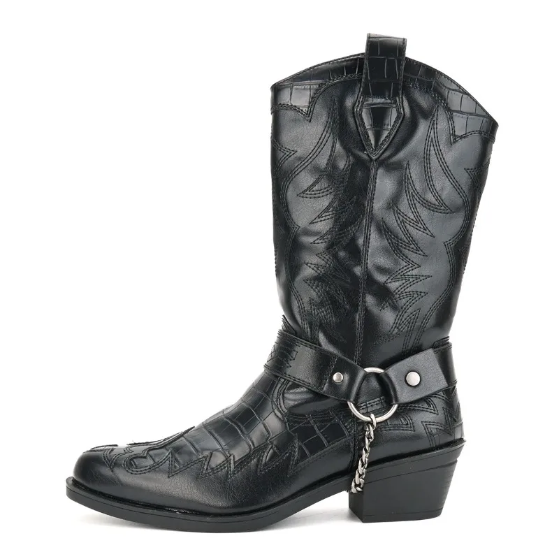 

Мужские ковбойские сапоги в стиле вестерн, дизайнерские ботинки до середины икры с крокодиловым узором, мужские ботинки с металлической пряжкой и цепочкой, модные уличные рыцарские сапоги