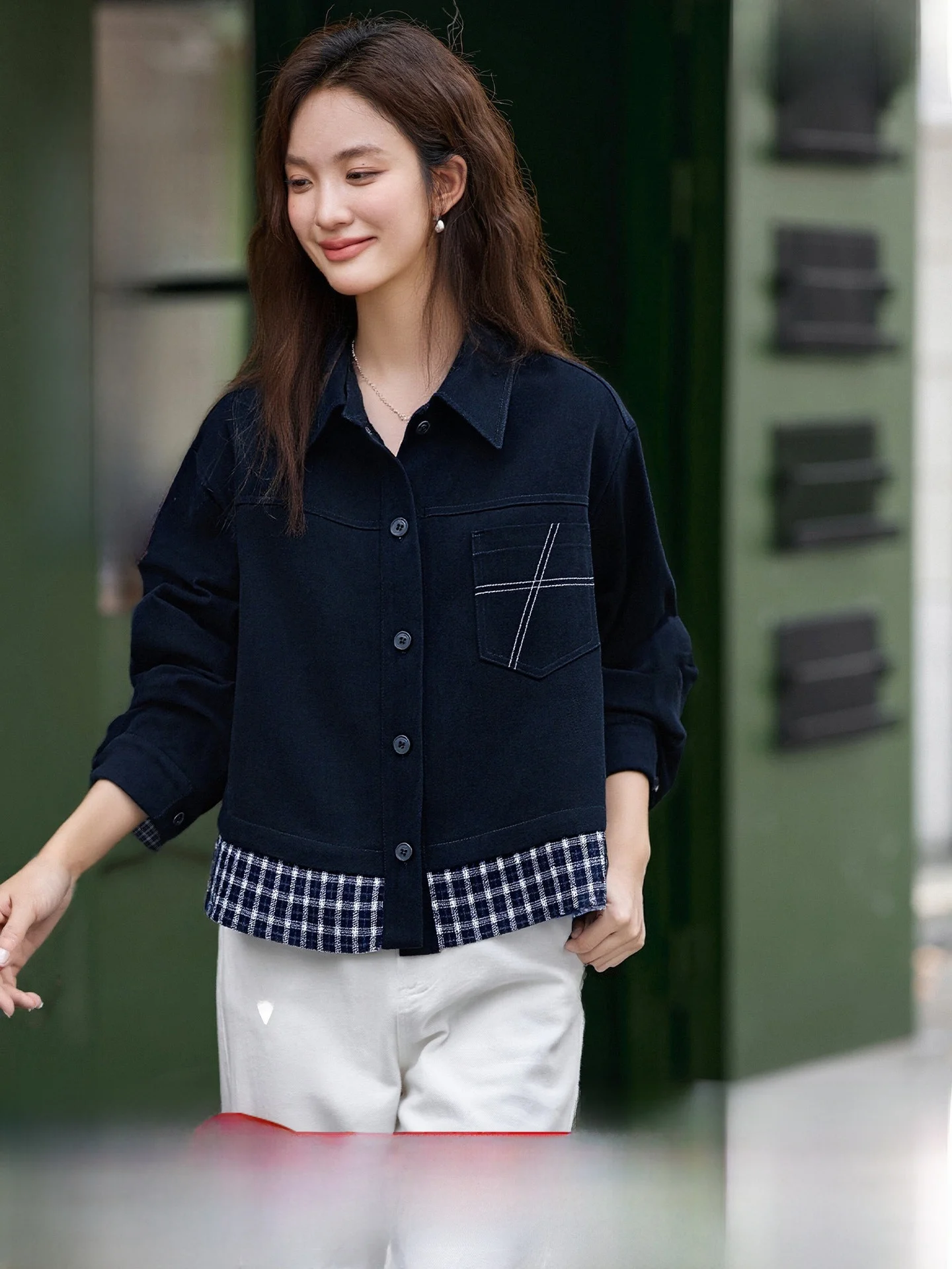 

Women's Fce Lined ort Collar Jaet Winter Plaid Patchwork Long Sve Casual Sle Stand Fit Button up Outerwear