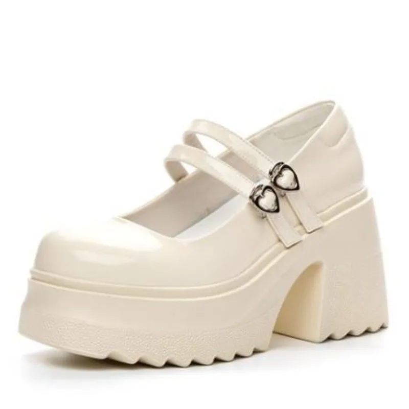 

10cm Patent Leather Breathable Chunky Heels Mary Jane Buckle Platform Autumn Pumps Summer Ankle Boots Fashion Spring Shoes