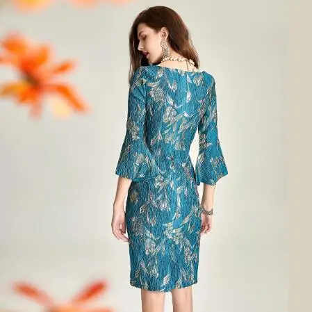 Robe pour mère de la mariée, bleu vert, manches 3/4, longueur aux genoux, Jacquard doré, mode femmes, robe de soirée pour invités de mariage, 2021