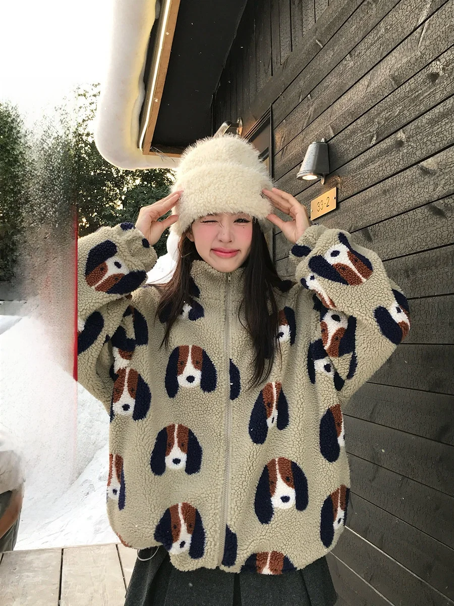 

Теплая флисовая куртка с воротником-стойкой на молнии для женщин, осенне-зимняя, повседневная, свободного кроя, с цветными вставками, на подкладке из овечьей шерсти, с дизайном в виде собаки