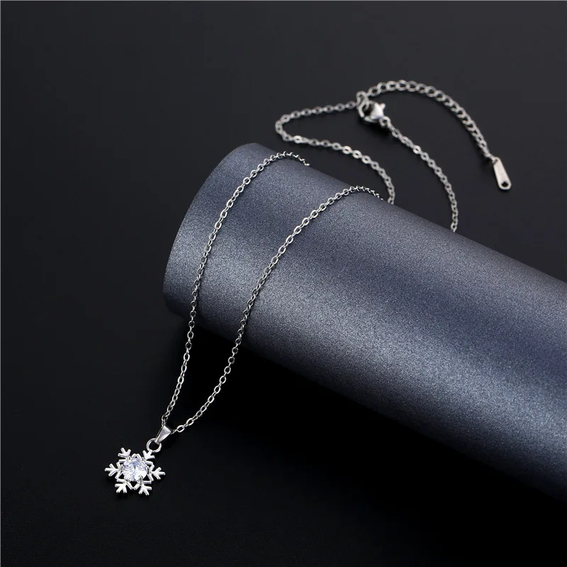 Women Girls Cute Snowflake Pendant Necklace Crystal Choker Stainless Steel Chain Snow Necklace Jewelry Christmas New Year Gift