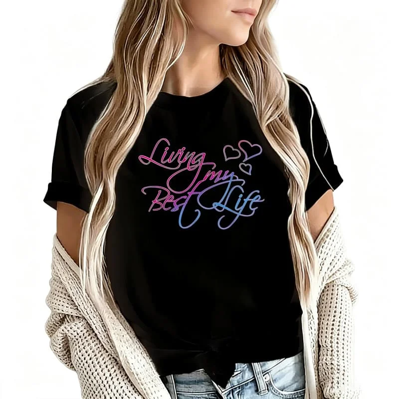 Living My Best Lifes Women's T-Shirt 100% Cotton Funny Graphic Short Sleeve Tee Novelty Shirt Casual Crew Neck Top S-5Xl