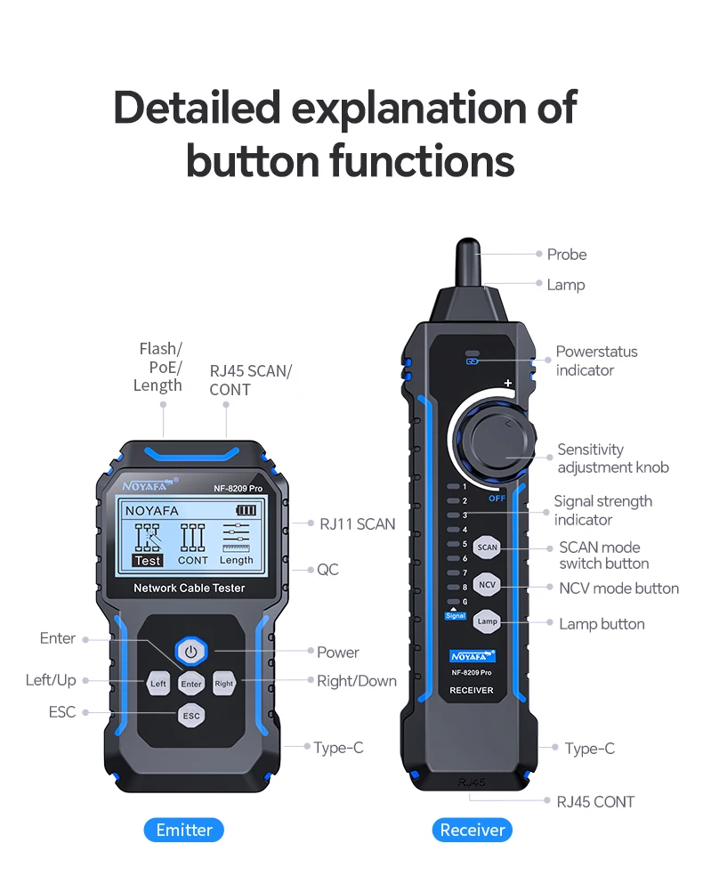 NOYAFA NF-8209Pro Netzwerkkabel-Tester und -Ortungsgerät mit Längenmessung, POE-Protokoll, Flash-Test, RJ45-Stecker-Scan und Kabel-Tracking – Detail 14