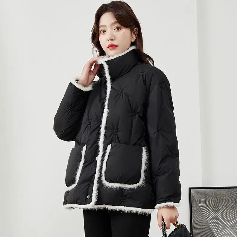 2025 Winter Nieuwe Dames Korte Donsjack 90 Witte Eendendons Loose Fit Koreaanse Stijl Nertsen Bontkraag Jas