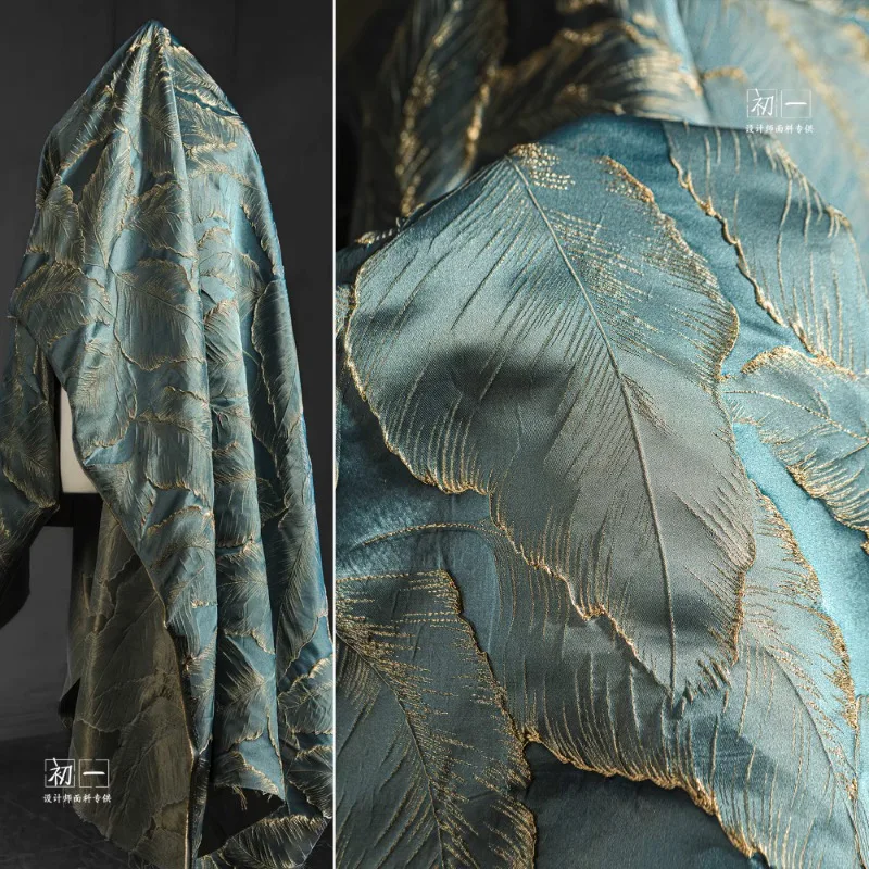 Leaf Blue Gold Jacquard Relief Curtain Fabric French High End Vintage Trójwymiarowa tekstura Designerska tkanina