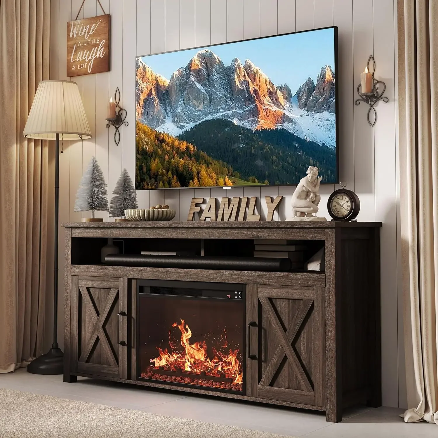 

Electric Fireplace TV Stand for TVs up to 65 Inches Open Shelves and Cabinets Media Entertainment Center Console