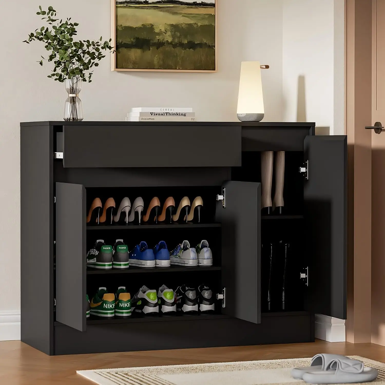 Shoe Cabinet Storage Organizer, Freestanding Footwear Cupboard With Three Enclosed Doors And Top Drawer For Entryway Hallway Living Room, Modern Minimalist Style, Black Finish, 1 Piece