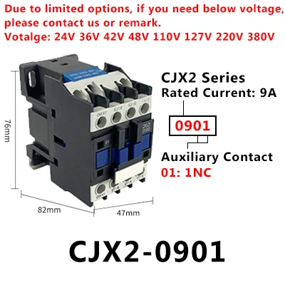 CJX2-0910 0901 Silver Contact 1NC Copper Coil 9A AC Contactor Motor Control 24V 36V 42V 48V 110V 127V 220V 380V