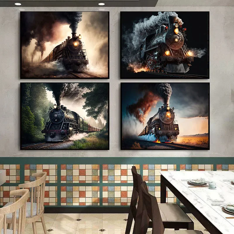 Retro Railway Posters Steam Train Locomotive Canvas Painting Vintage Railroad Train Print Wall Art Picture Restaurant Home Decor