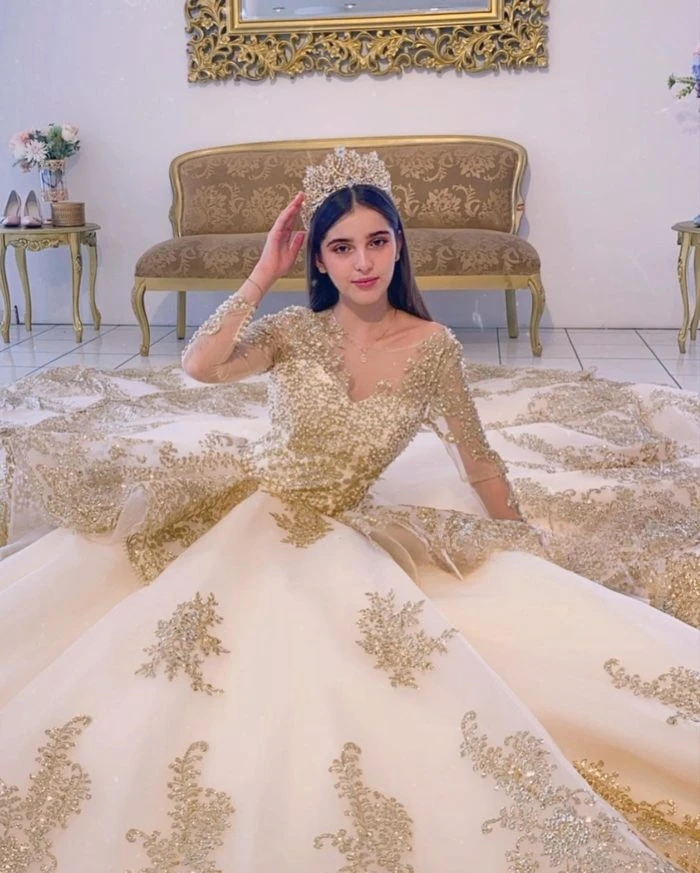 Vestidos de Quinceañera de princesa champán, vestido de baile de manga larga, apliques de tul dulces 16, 15 Años, personalizado