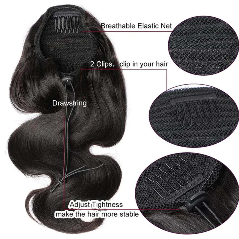 Bopdy Wave Ponytail Extension Drawstring Ponytail 100% Real Human Hair For Black Women Wavy Pony Tails Extensions 26 Inches