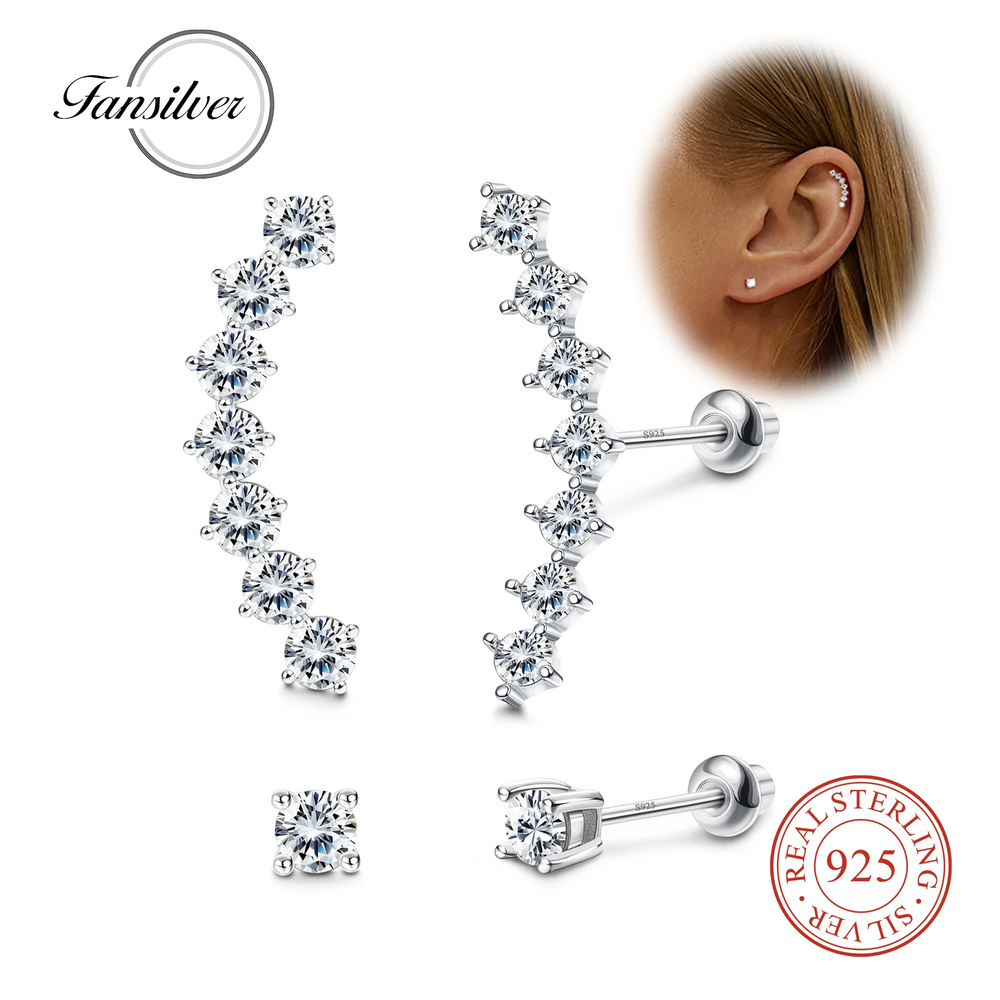 

Fansilver 2Pairs Sterling Silver CZ Earrings Set for Women Cartilage Stud Helix Conch Daith Piercing Dainty Jewelry Idea Gift