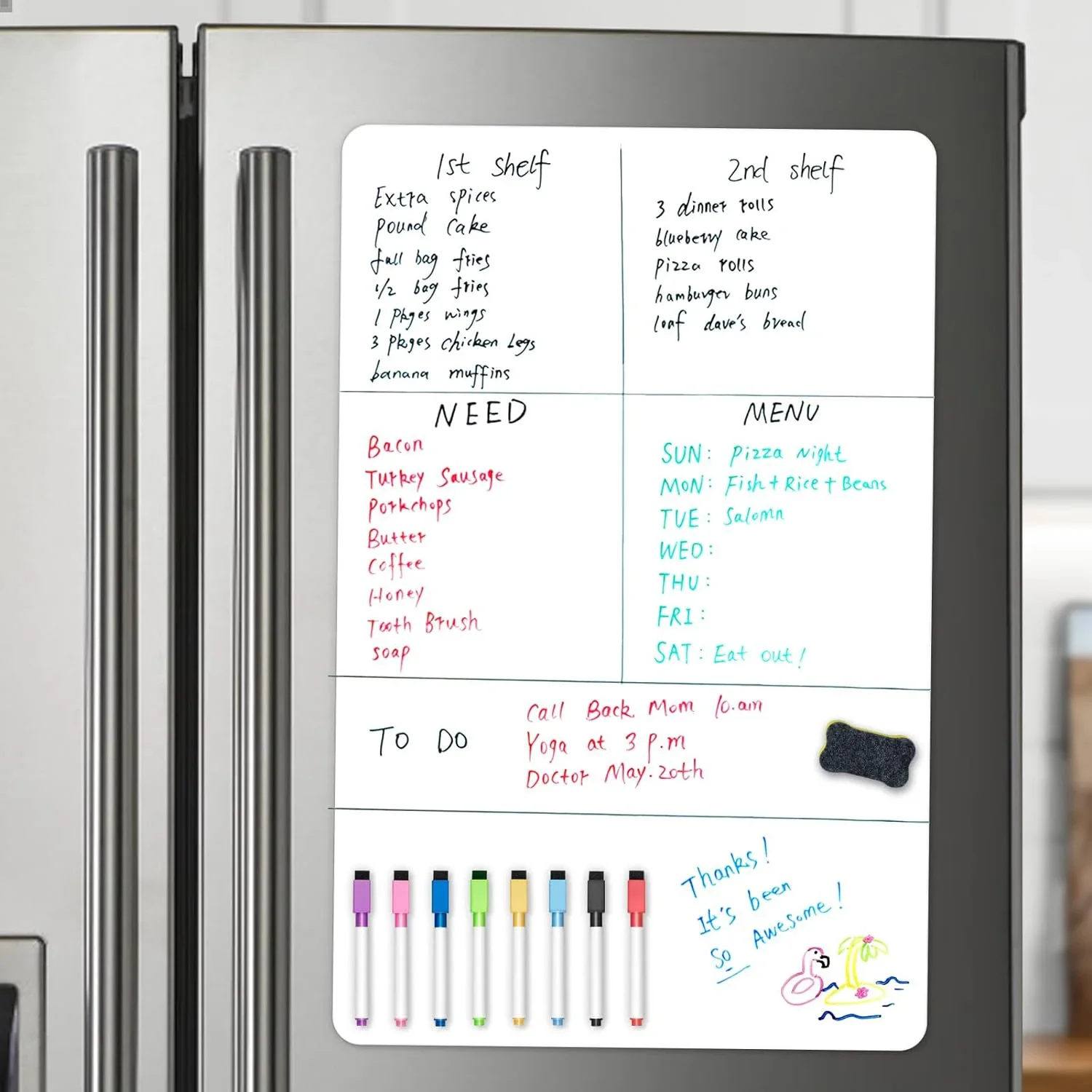 Magnetisches Whiteboard im A2-Format, trocken abwischbare Whiteboard für Kühlschrank, (23,6" x 16,5"), mit 8 trocken abwischbaren Markern und 1 Radiergummi – Detail 9