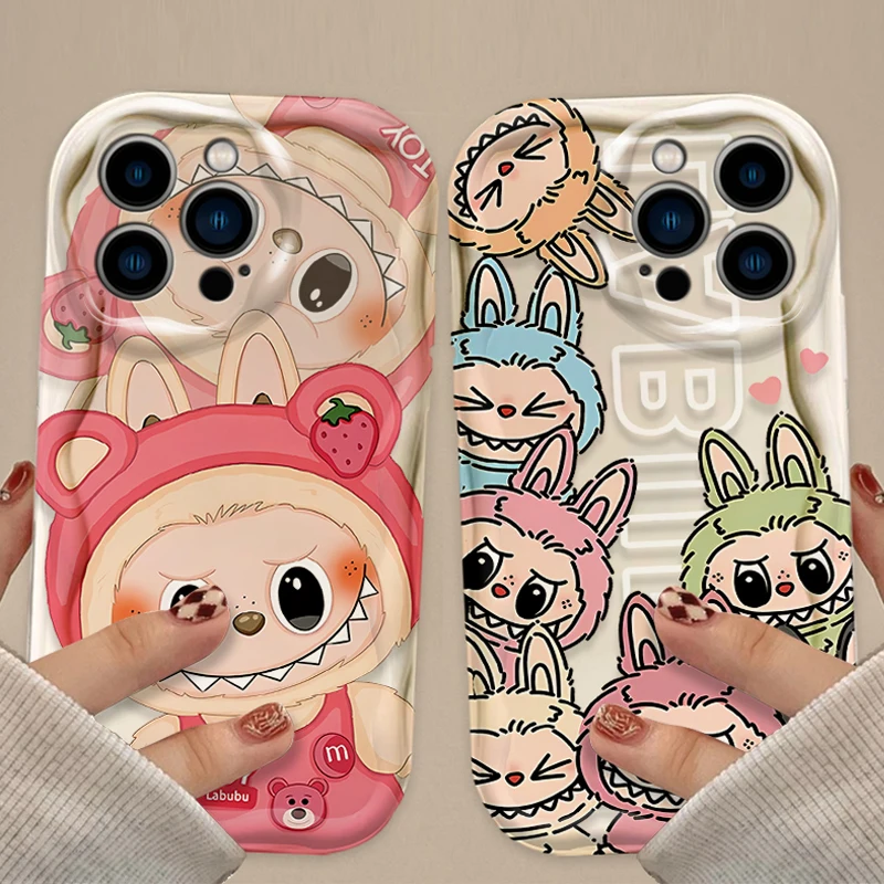 Cartoon Lovely Labubu 3D Wave Case For iPhone 16 15 14 13 12 11 Pro Max X XR XS 8 7 Plus SE 2020 Shockproof Silicone Back Cover