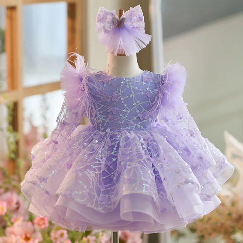 

Girls' sequined long sleeved princess dress 1-12 years fashionable feather butterfly puffy dress carnival birthday party dress