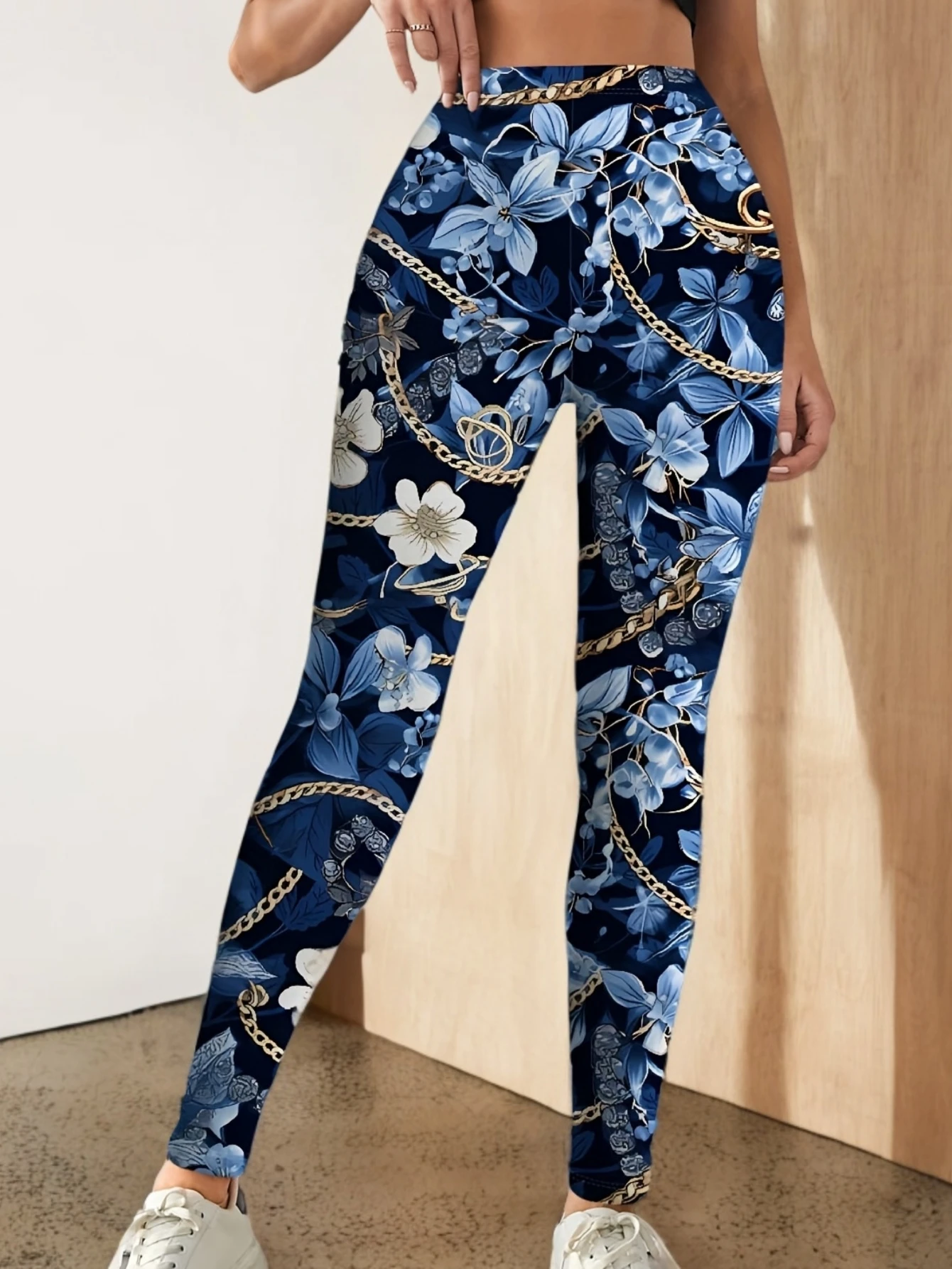 Women's Mid‑Rise Fleece Lined Leggings Blue Floral Gold Chain Print Stretch Slim Warm Ladies Casual Pants