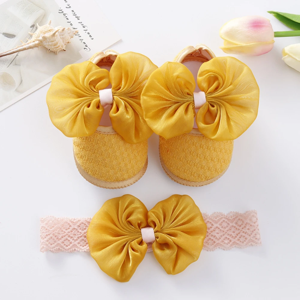 Sepatu Princess simpul pita bayi perempuan, Set bando lucu untuk bayi perempuan baru lahir, sepatu belajar jalan sol lembut antiselip untuk balita