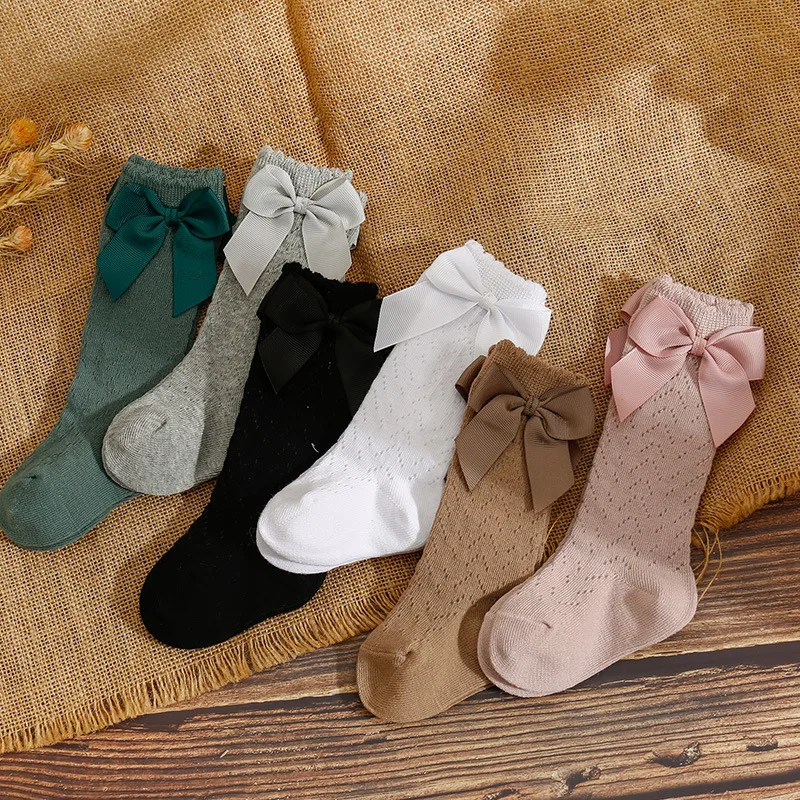 

New Summer Bow Baby Girls Socks Toddler Long Sock Infant Knee High Cotton Mesh Spanish Style Breathable Socks For 0-5Years