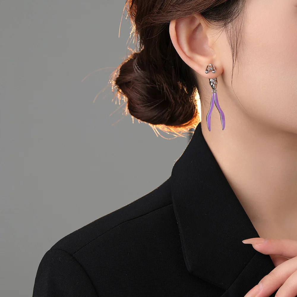 2023 HUANZHI New Lovely Fashion Long Purple Rabbit Mental Earring for Women Geometric Party Jewelry Couple Fashion Trendy Gifts