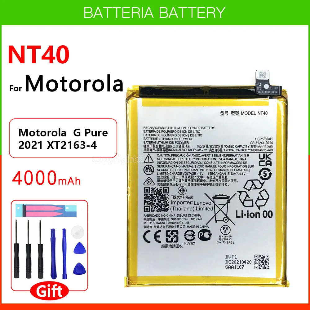 100% Original Genuine NT40 4000mAh Battery For Motorola MOTO G Pure 2021 XT2163-4 Smart Phone Batteria With Free Tools