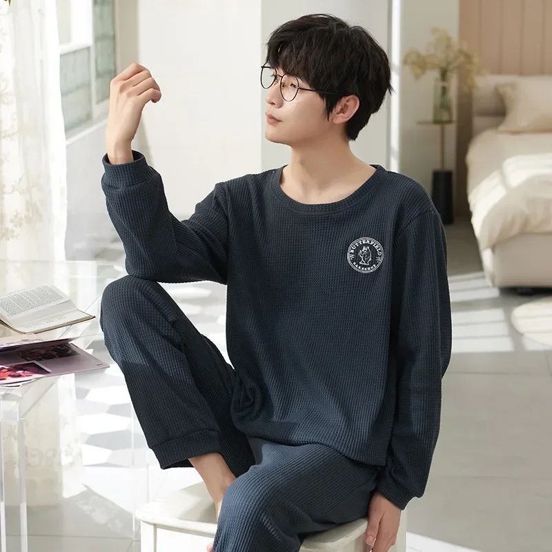 플러스 사이즈 남성용 면 와플 십대 긴팔 잠옷 학생 캐주얼웨어 O넥 상의 바지 투피스 세트 단색
