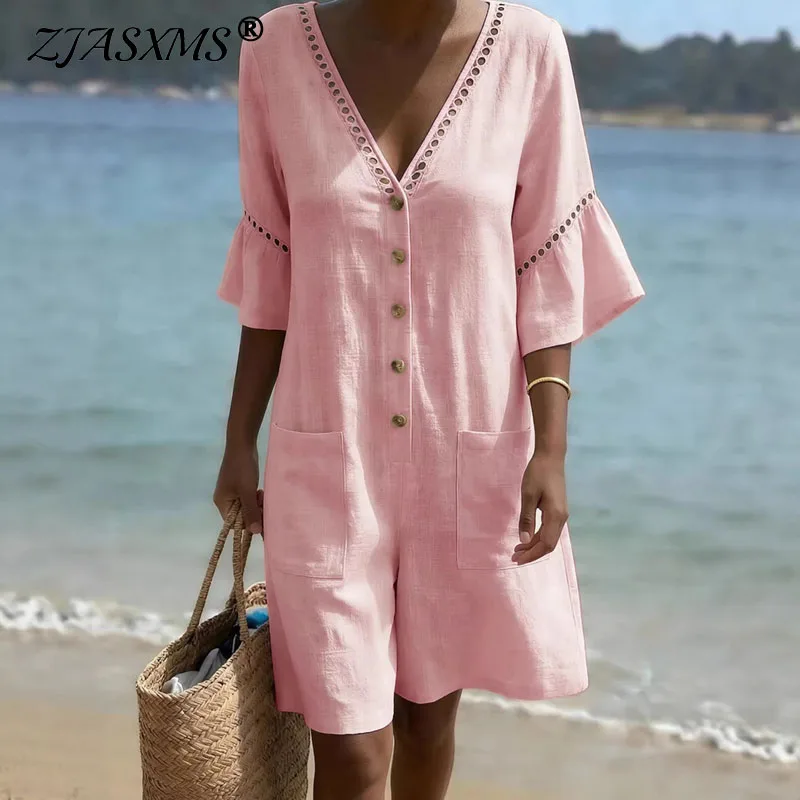 

Sexy Hollow-out Deep V Neck Short Jumpsuit Woman 2026 Spring Button Solid Office Romper Summer Flare Sleeve Loose Beach Overalls